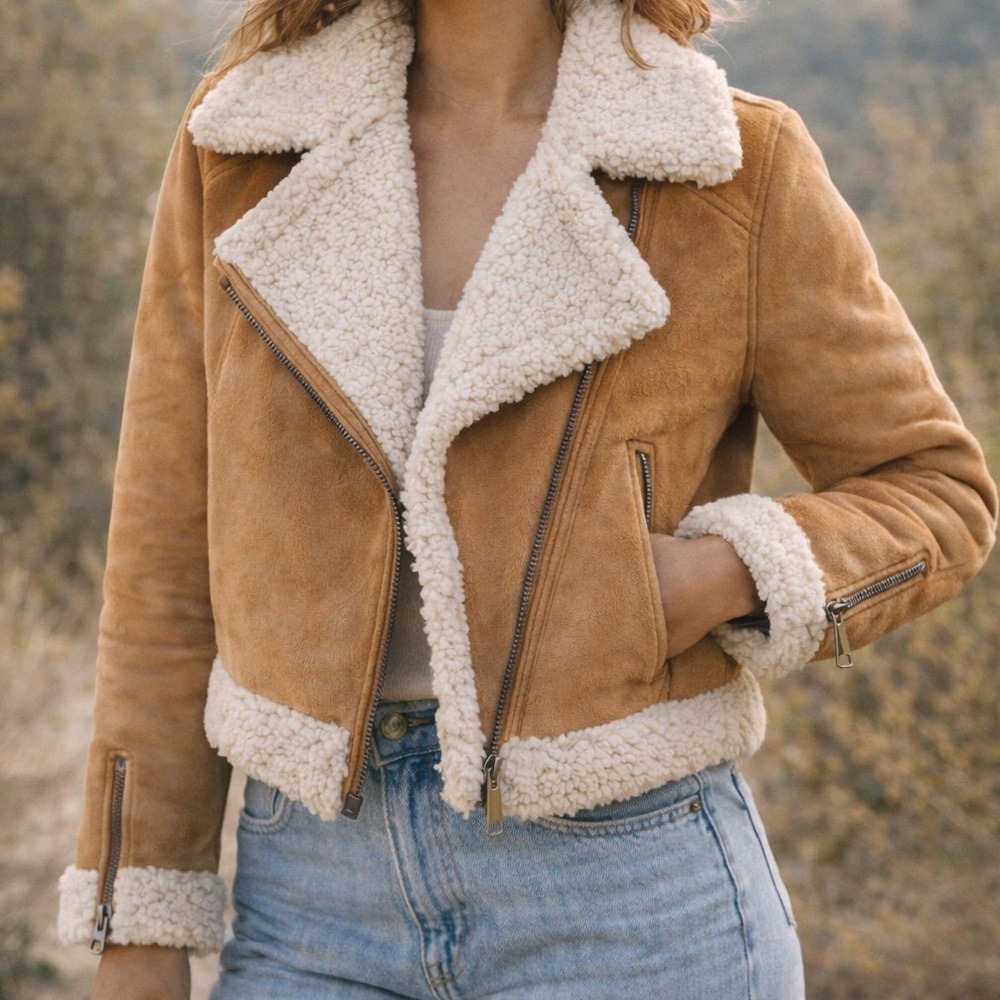 Marine Layer Faux Suede Sherpa Fleece Moto Jacket Chestnut XS NWT Casual Cozy - Picture 1 of 10